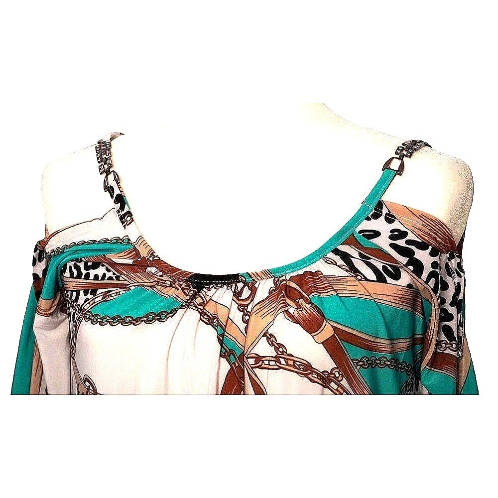 Glam Don't Miss‎ Out Scarf Print Cold Shoulder Top Women M Teal Leopard Chain - Picture 7 of 10